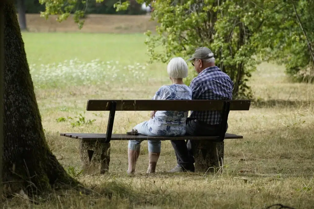 An elderly couple sitting on a wooden bench under a tree.