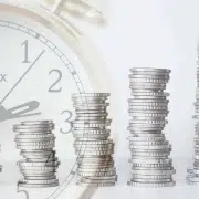 Alarm clock and stacked coins.