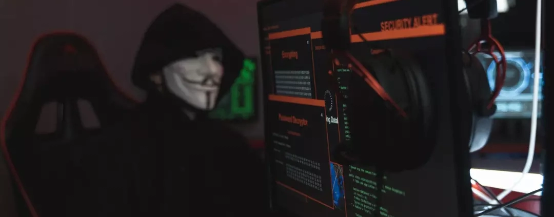 Hacker wearing a black jacket and a mask.