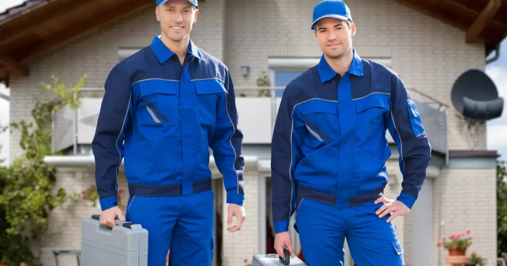 Two tradesman wearing blue uniform.