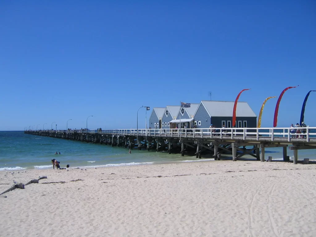 Busselton jetty and blue houses.