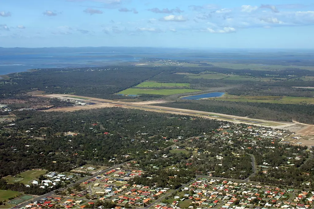 Aerial view of Hervey Bay and the Hervey Bay Airport.