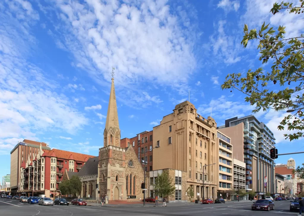 Buildings and church in Adelaide.