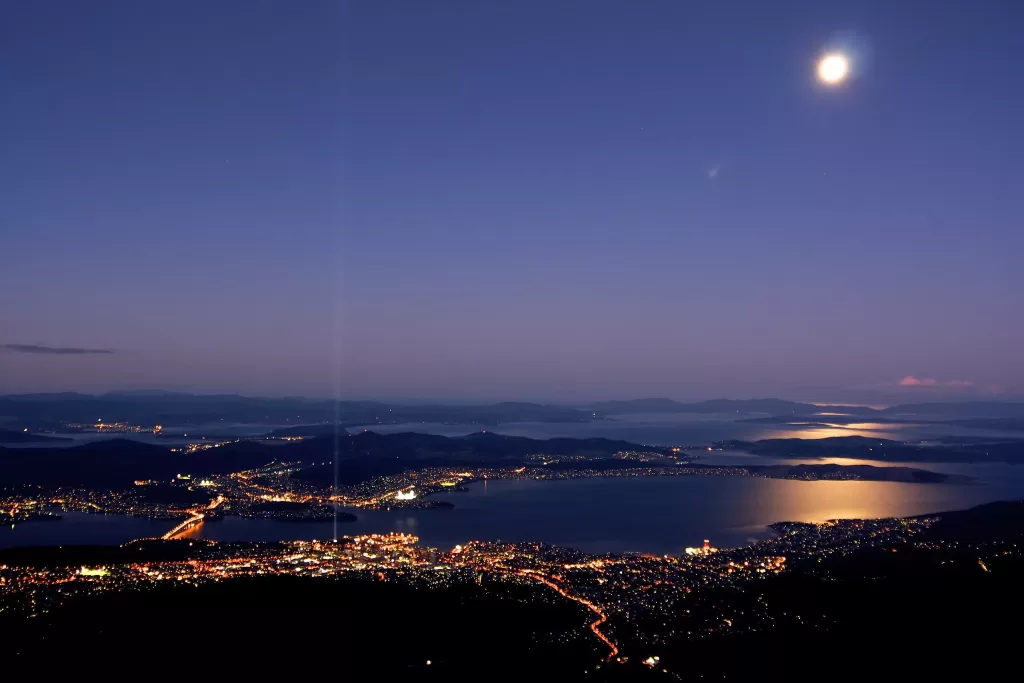 Aerial view of Hobart at night.