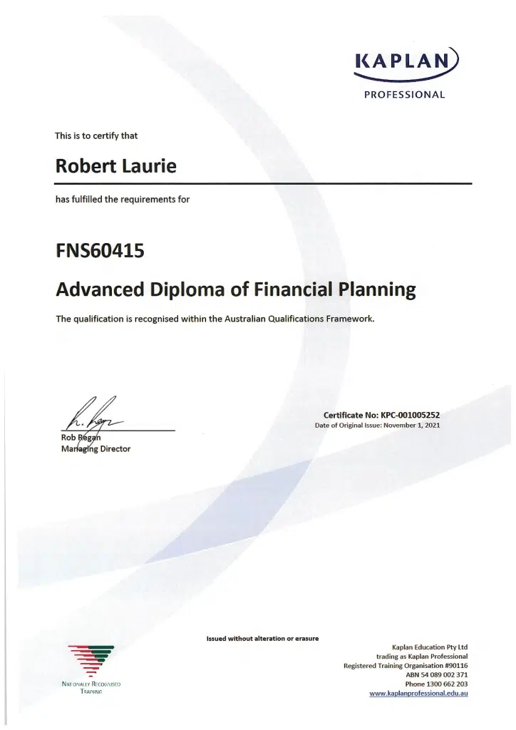 Advanced Diploma of Financial Planning Certificate.
