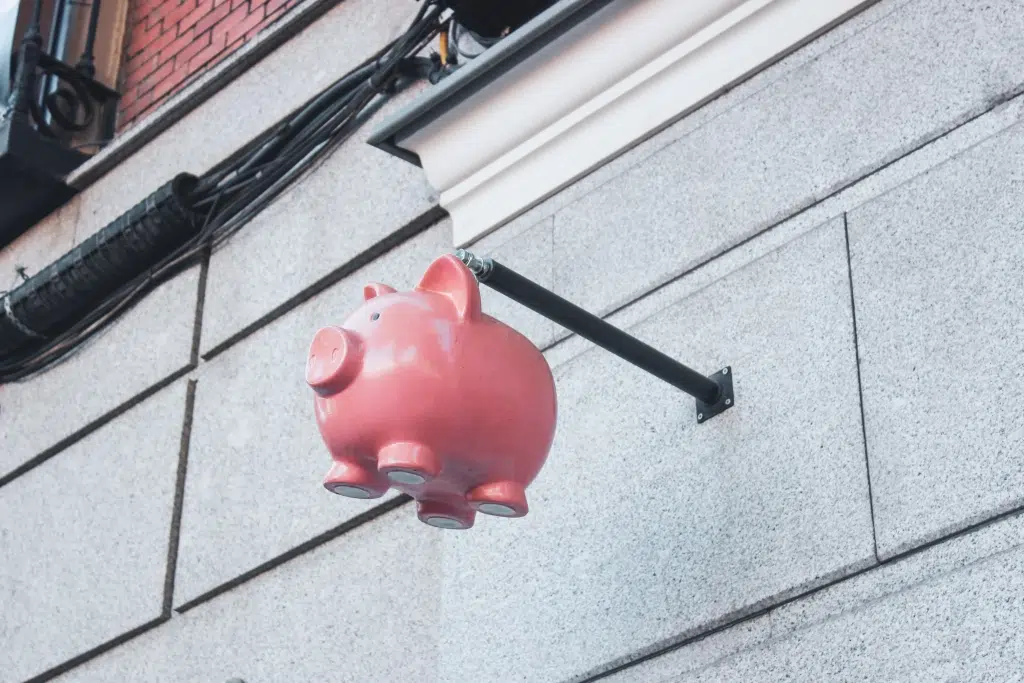 Hanging pink piggy bank.