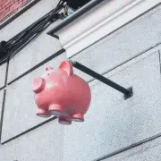 Hanging pink piggy bank.
