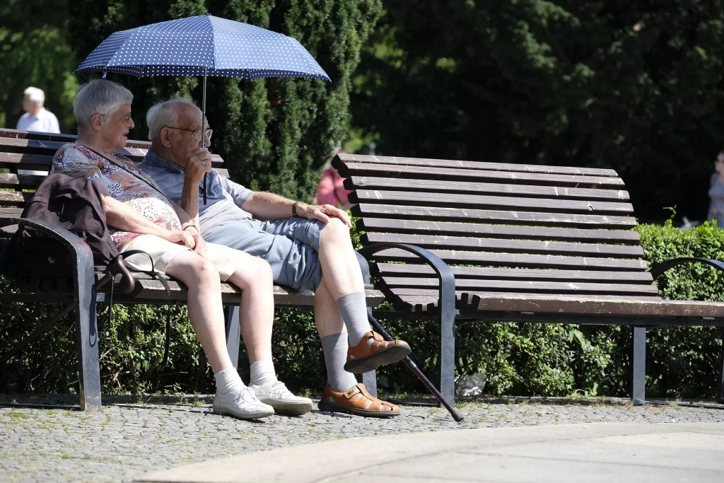 Senior couple using an umbrella while sitting on a wooden bench.