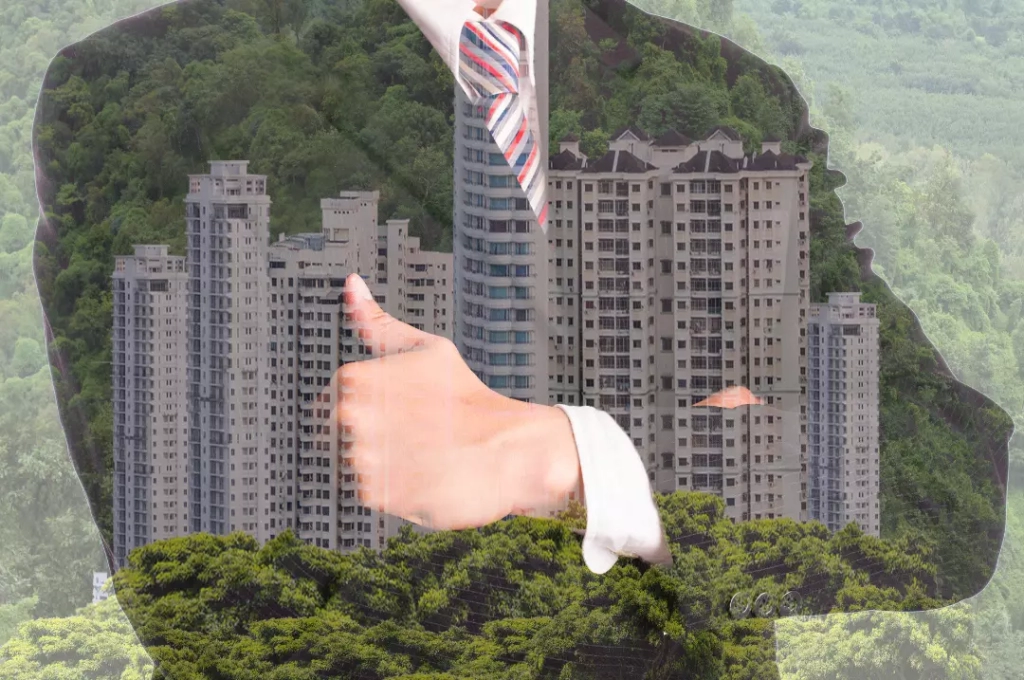 Merged pictures of a businessman and a building.