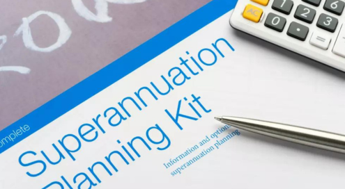 Superannuation planning kit with pen and calculator.