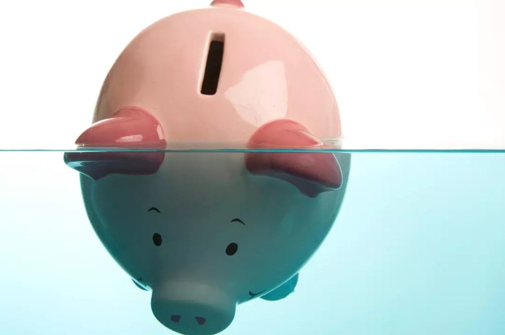 Piggy bank submerged in water.
