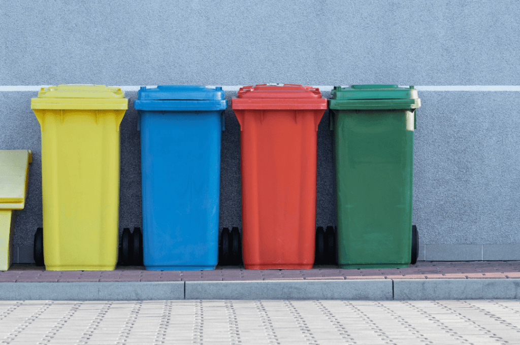 Trash bins in different colors.