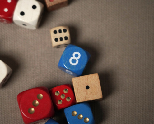 A group of dice with different colors.