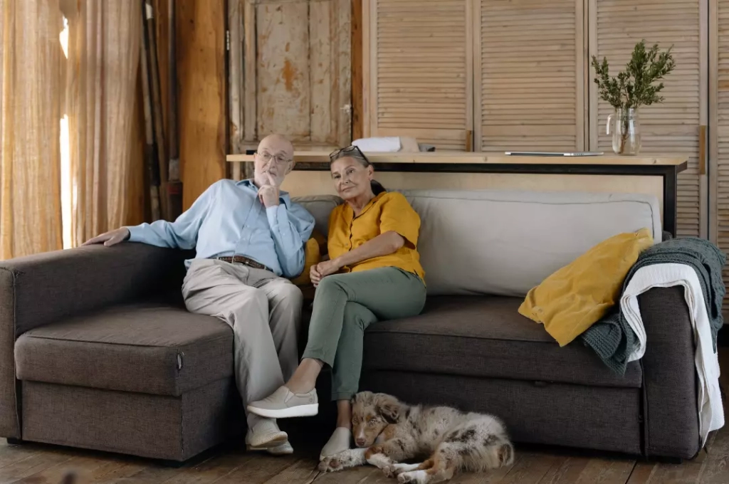 Senior couple sitting on a brown sofa in a small wooden house with a dog.