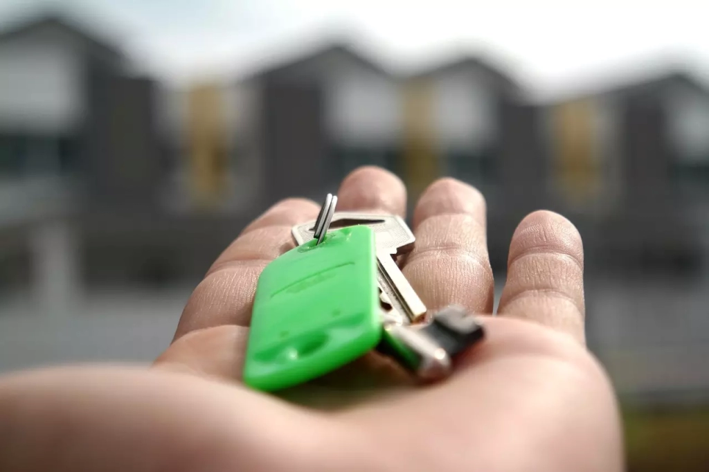 Hand holding a key facing a house.