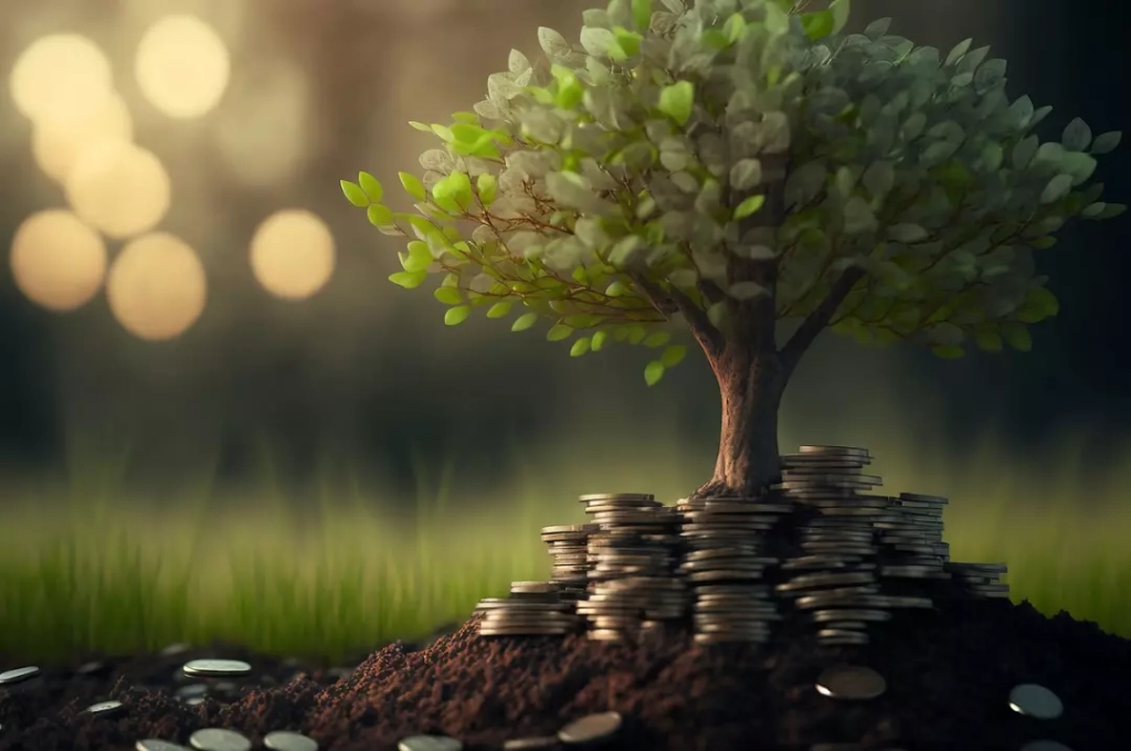 Stacked coins underneath a small tree.