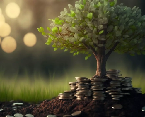Stacked coins underneath a small tree.